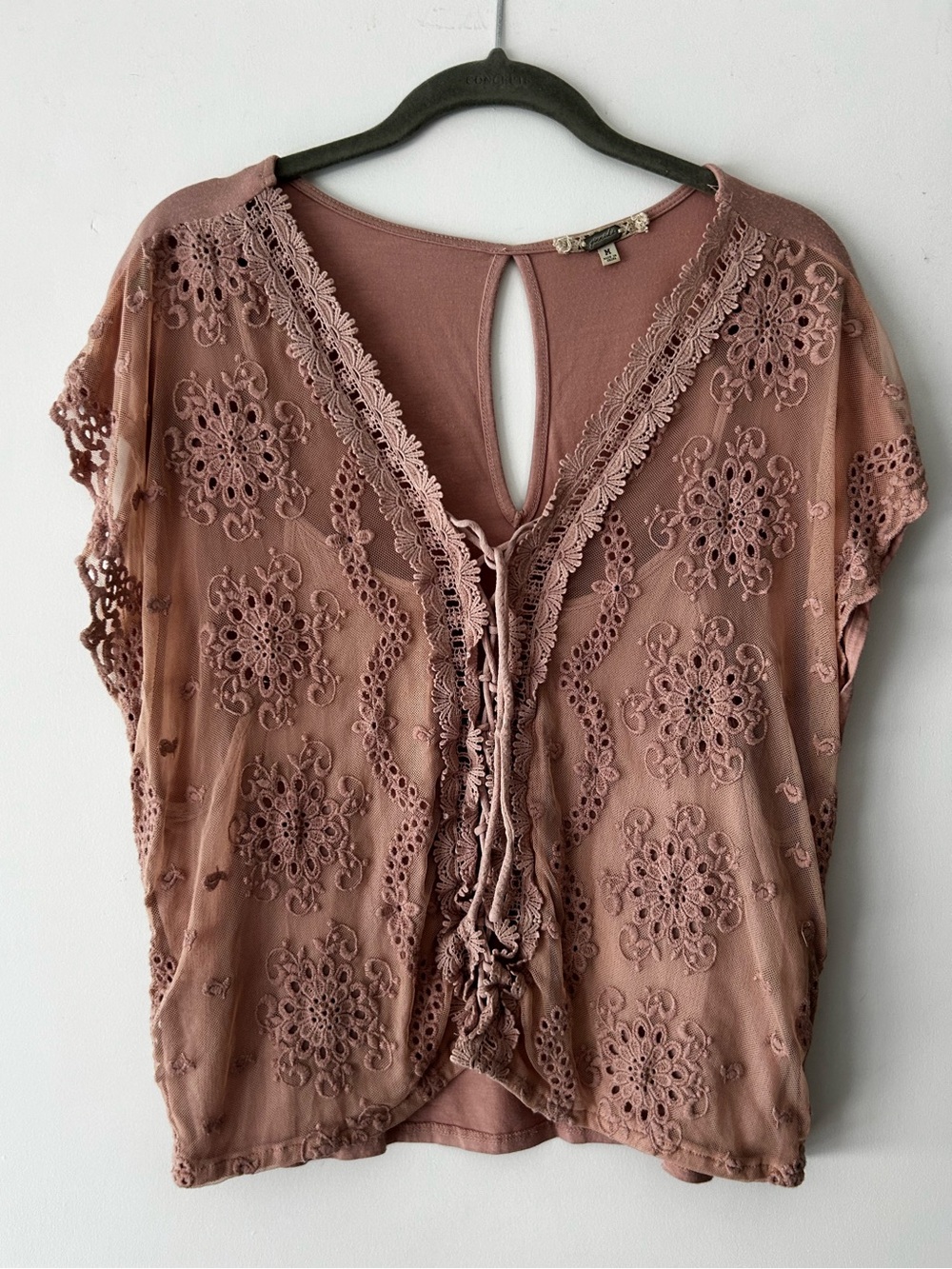 gimmicks by BKE Dusty Rose Crochet Tie-Front Blouse